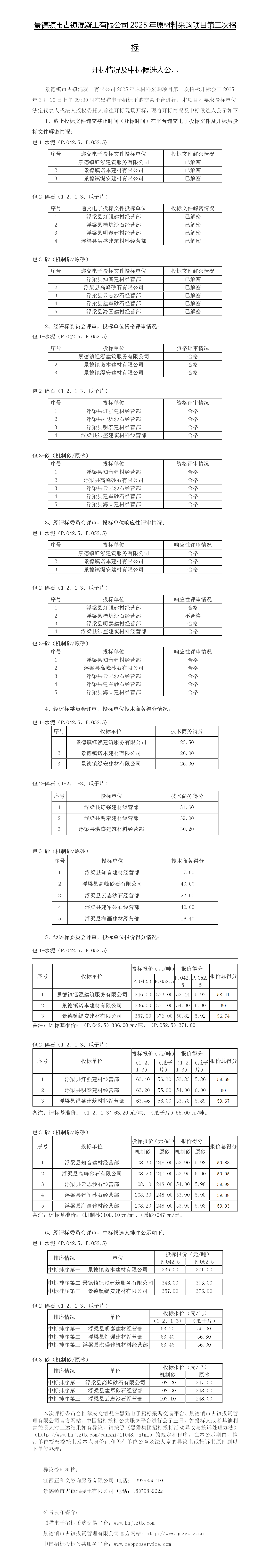 景德鎮(zhèn)市古鎮(zhèn)混凝土有限公司2025年原材料采購項目第二次招標(biāo)開標(biāo)情況及中標(biāo)候選人公示