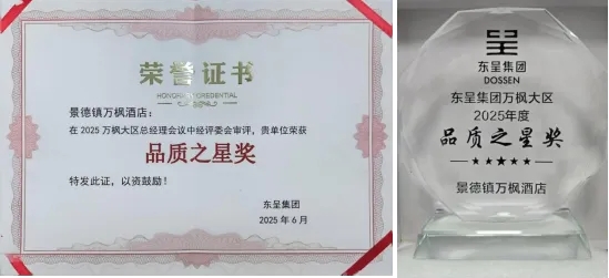 景德鎮(zhèn)萬楓酒店榮獲東呈集團萬楓大區(qū)2025年度“品質之星”稱號